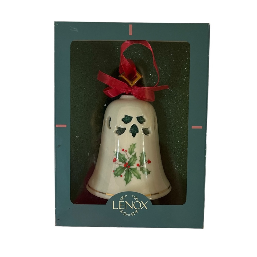 Lenox Holly Berry Holiday pierced Bell Christmas Ornament 4” Gold Trim Accents